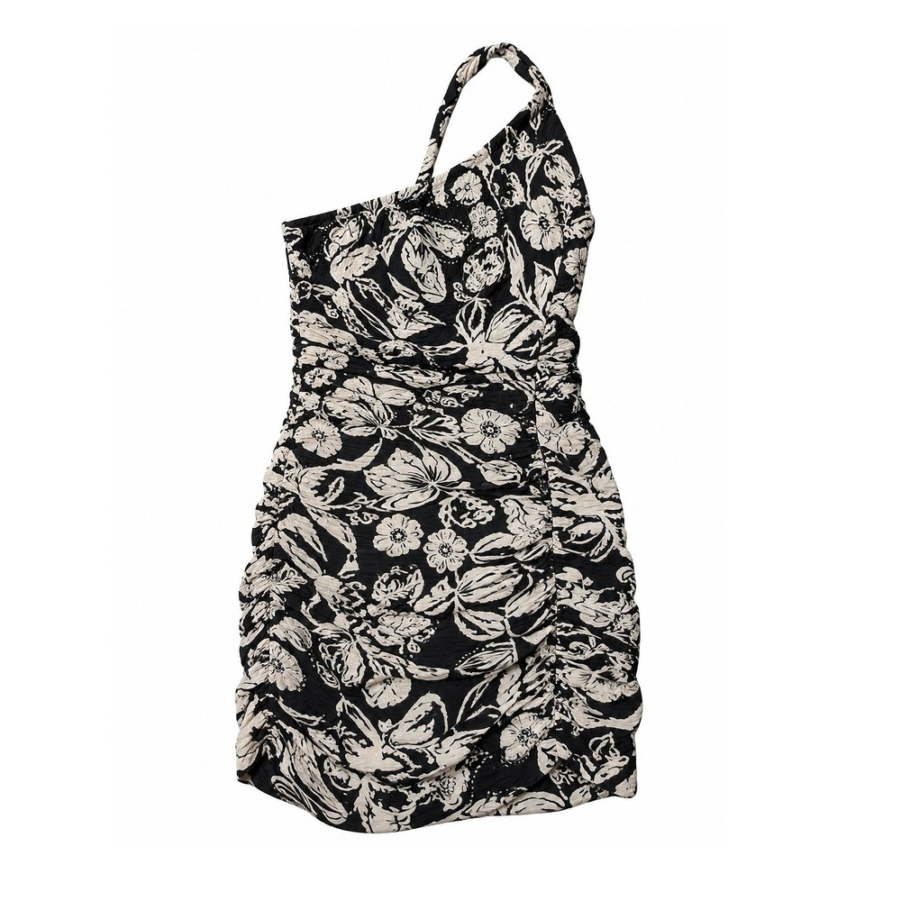 Zara Womens XS Black White Floral One Shoulder Ruched Mini Dress NWT